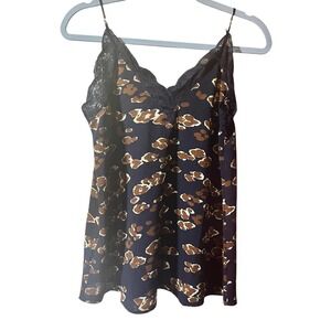Fabrik‎ Lace Trim Cami Top Brown Animal Print Sleeveless Blouse Size S